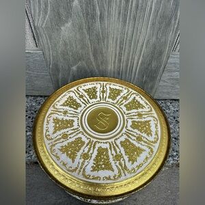 Vintage Guildcraft Gold White Large Round Tin Container USA Sewing Box Embossed